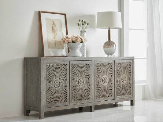 Melange Emmett 84-Inch Oak Wood Media Console with Floral Medallion Doors