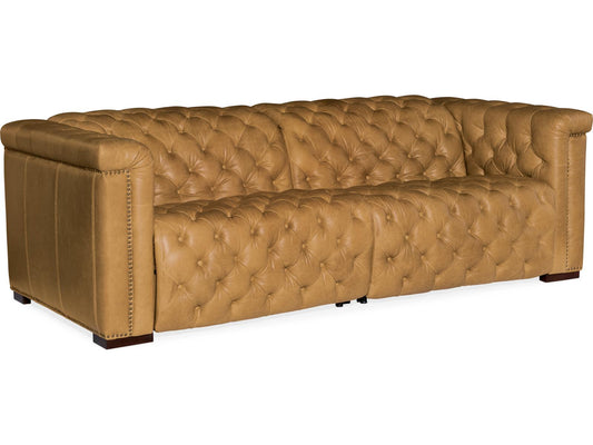 Heritage Dark Wood Tan Leather Sofa
