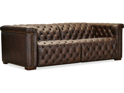 Savion Deux Power Reclining Leather Sofa with Power Headrests in West Saddlewood