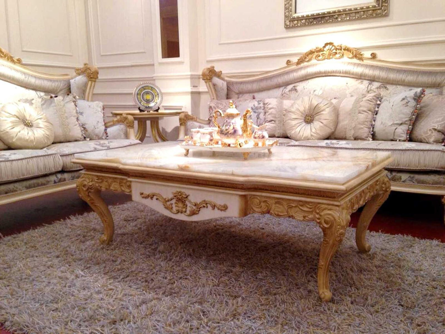 E-57 Rectangular Marble Coffee Table with Gold Base