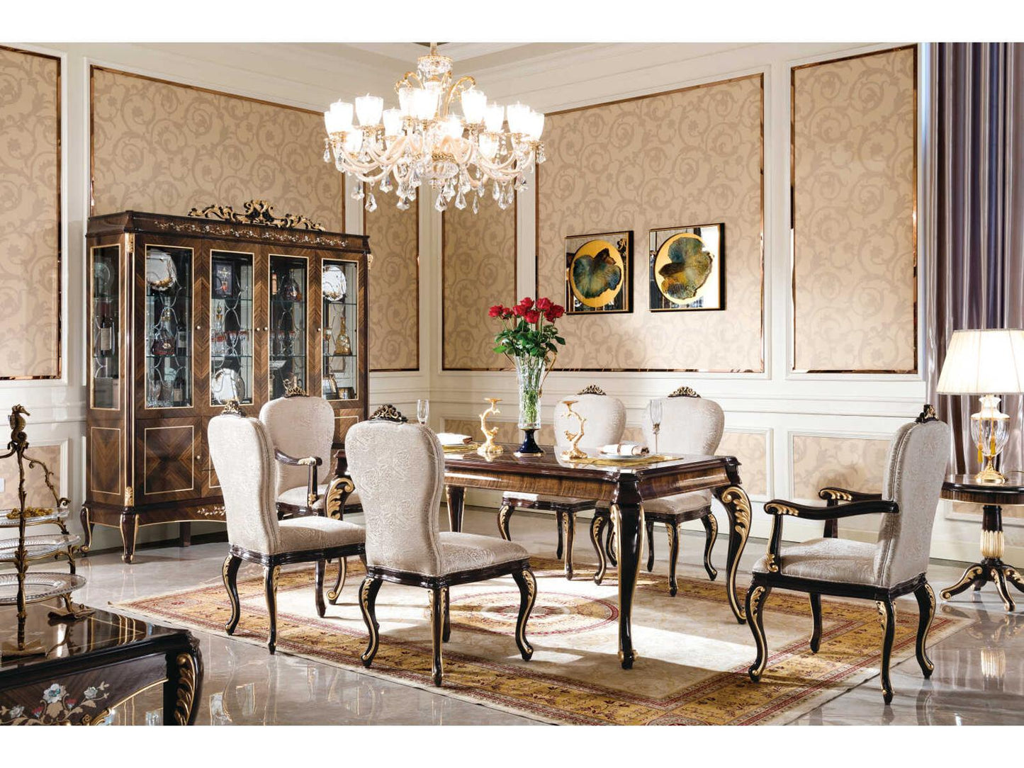 E-70 Rectangular Wood Dining Table in Walnut with Gold Accents