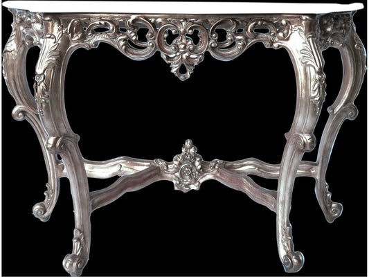 Fon Rectangular Marble Console Table with Silver Finish