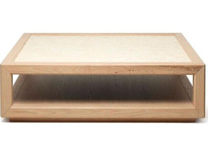 Walsh Square Marble Coffee Table with Saddle Honey Oak Base