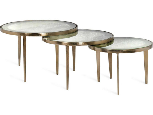 Jan Round Bunching Coffee Tables with Champagne Base and Taupe Grey Reactive Glass
