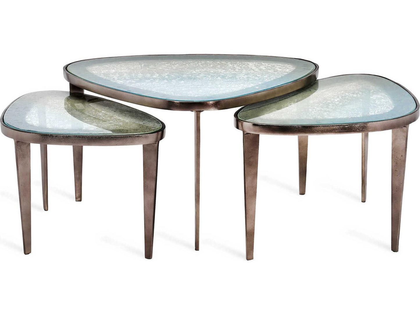Jan Bunching Antique Nickel Blue Grey Reactive Glass Coffee Tables