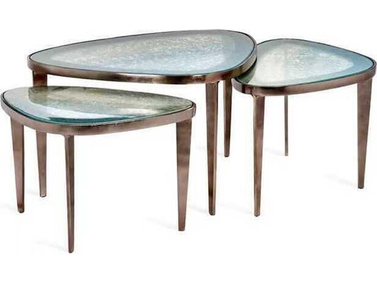 Jan 3-Piece Glass Coffee Table Set in Antique Nickel and Blue Grey