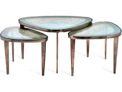 Jan 3-Piece Glass Coffee Table Set in Antique Nickel and Blue Grey