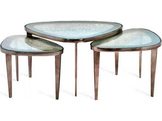 Jan 3-Piece Glass Coffee Table Set in Antique Nickel and Blue Grey