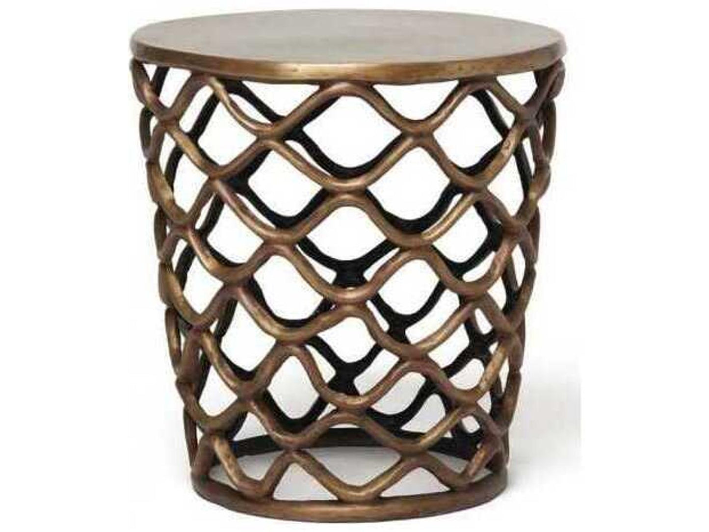 Lattice Round Metal End Table in Antique Brass