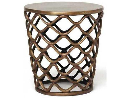 Lattice Round Metal End Table in Antique Brass