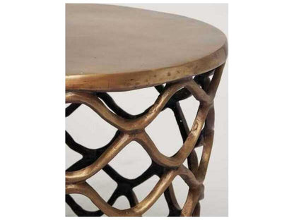 Lattice Round Metal End Table in Antique Brass
