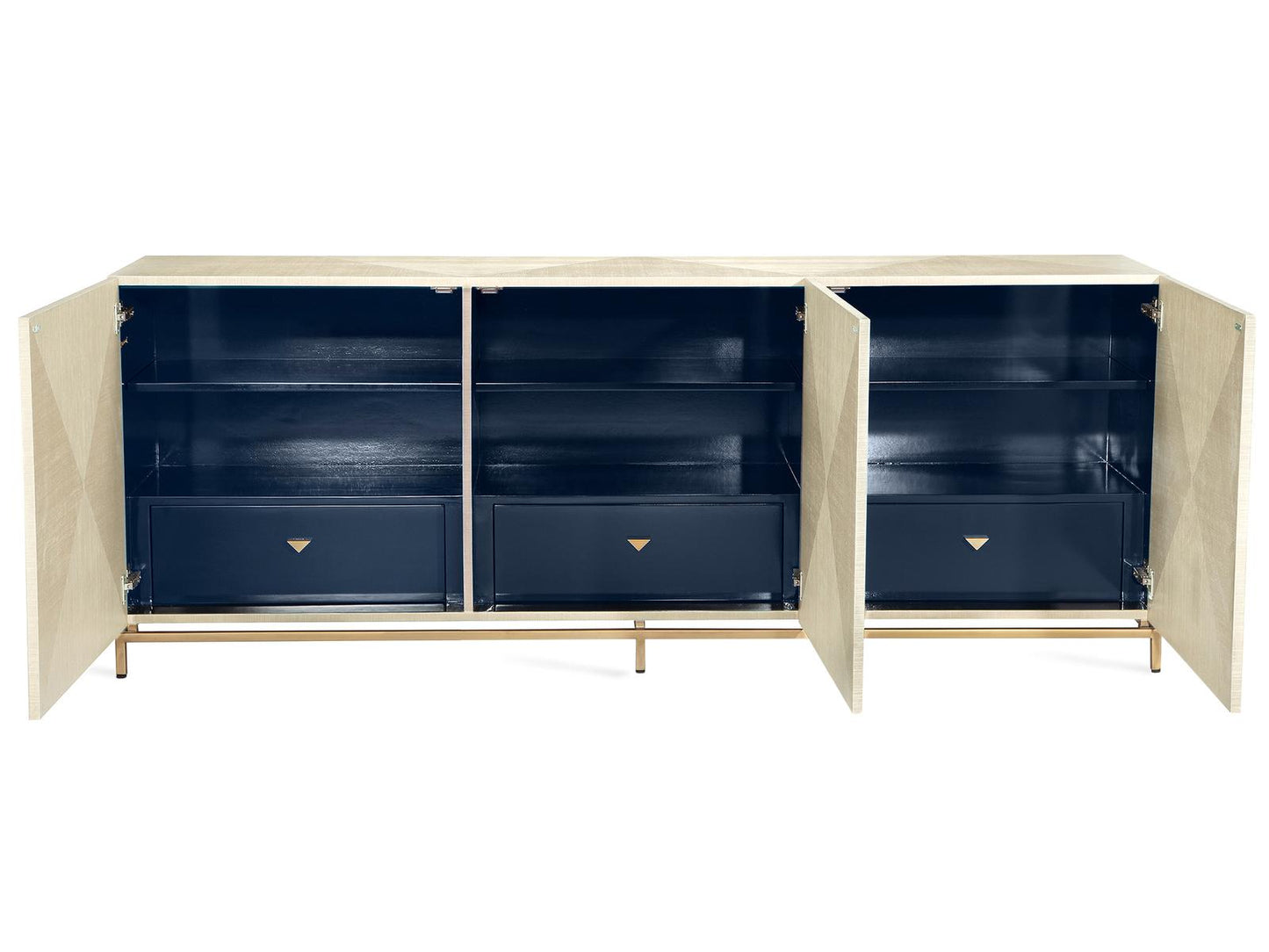 Gaspard 84-Inch Sisal Wood Metal Buffet Sideboard in Latte and High Gloss Navy