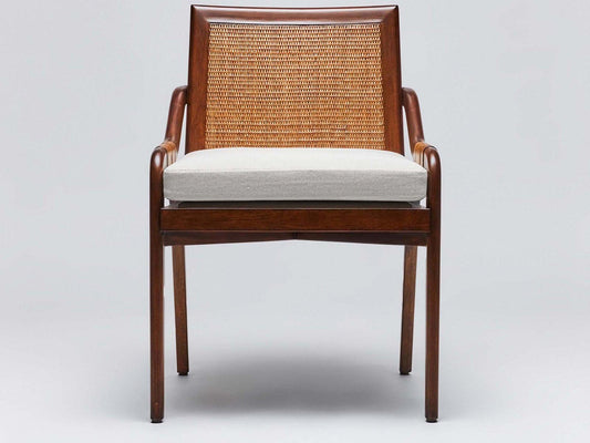 Delray Arm Dining Chair in Chestnut Mahogany and Brown Flax Weave