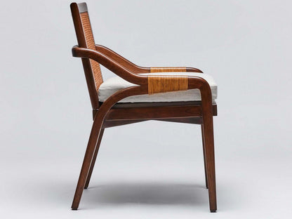 Delray Arm Dining Chair in Chestnut Mahogany and Brown Flax Weave