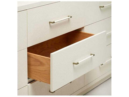 Taylor Modern 9-Drawer Dresser in Natural White Faux Linen and Champagne Silver
