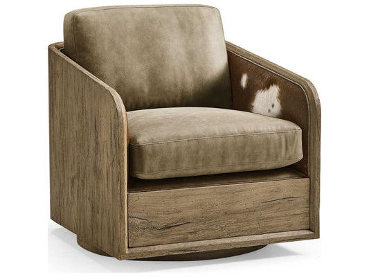 Stone Ridge Swivel Accent Chair in Brown Leather and Tully Light Acacia