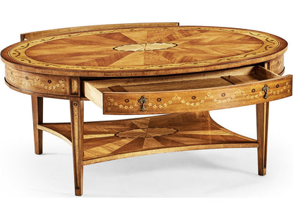JC Traditional Oval Satinwood Coffee Table with Marquetry Inlays