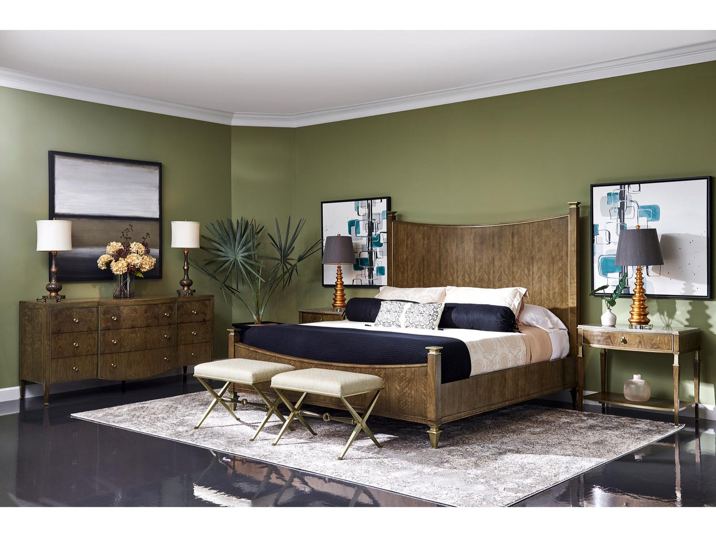 Barcelona King Panel Bed in Walnut Brown with Champagne Patina