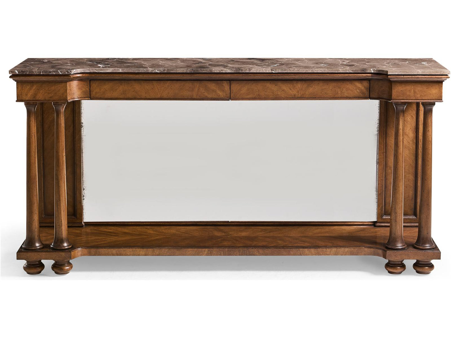 Jc Traditional Rectangular Marble Crotch Walnut Console Table