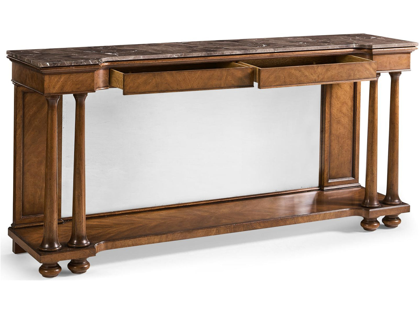Jc Traditional Rectangular Marble Crotch Walnut Console Table