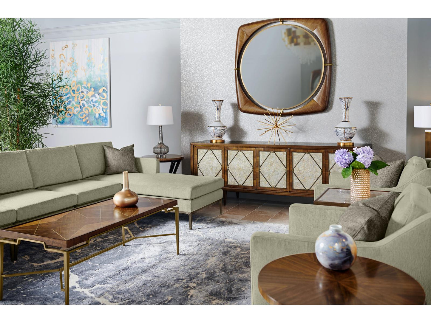 Toulouse Rectangular Wood Walnut Coffee Table with Brass Inlays