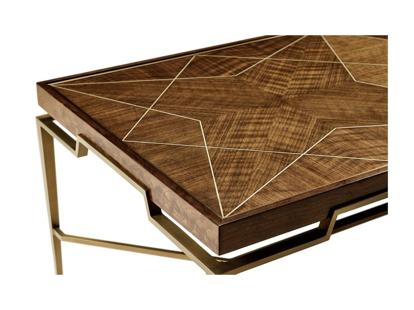 Toulouse Rectangular Wood Walnut Coffee Table with Brass Inlays