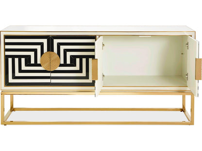 Op Art 64-Inch Credenza in Charcoal and Ivory with Polished Brass
