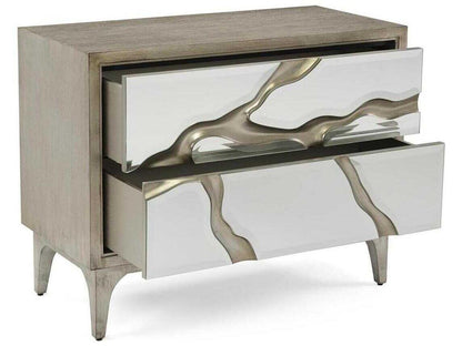 Revne Two-Drawer Nightstand with Mirror Fronts and Silver Leafed Oak Base