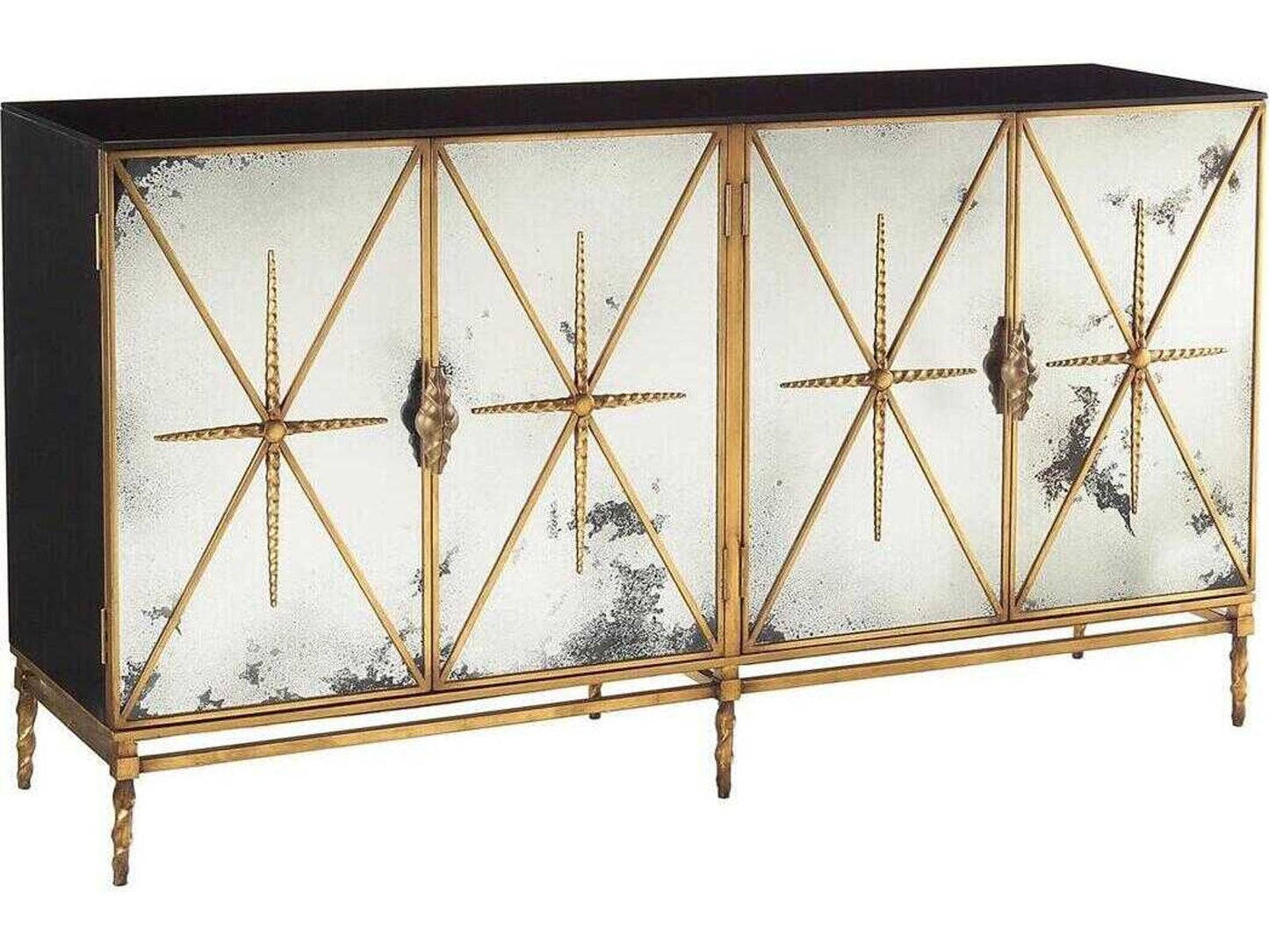 Rio Four-Door Sideboard Old Gold and Black Lacquer with Foxed Mirror Panels