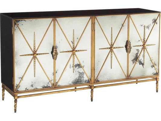 Rio Four-Door Sideboard Old Gold and Black Lacquer with Foxed Mirror Panels
