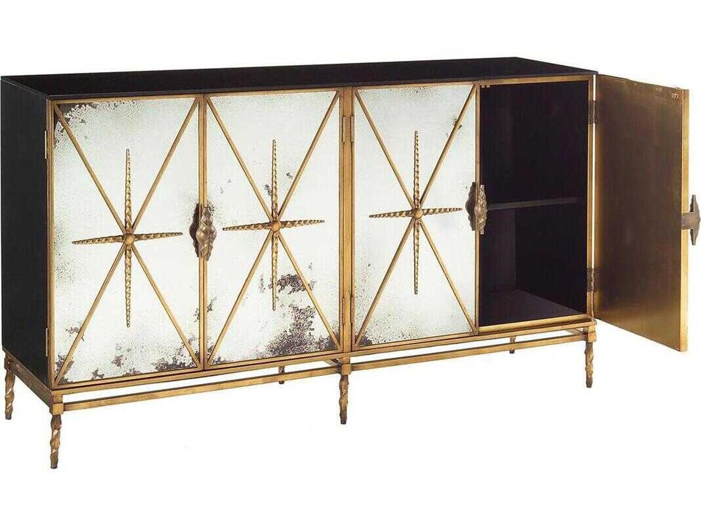 Rio Four-Door Sideboard Old Gold and Black Lacquer with Foxed Mirror Panels