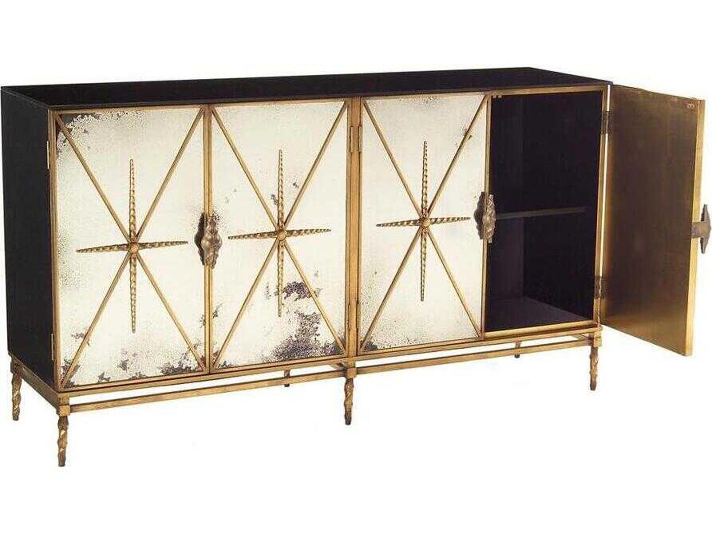 Rio Four-Door Sideboard Old Gold and Black Lacquer with Foxed Mirror Panels