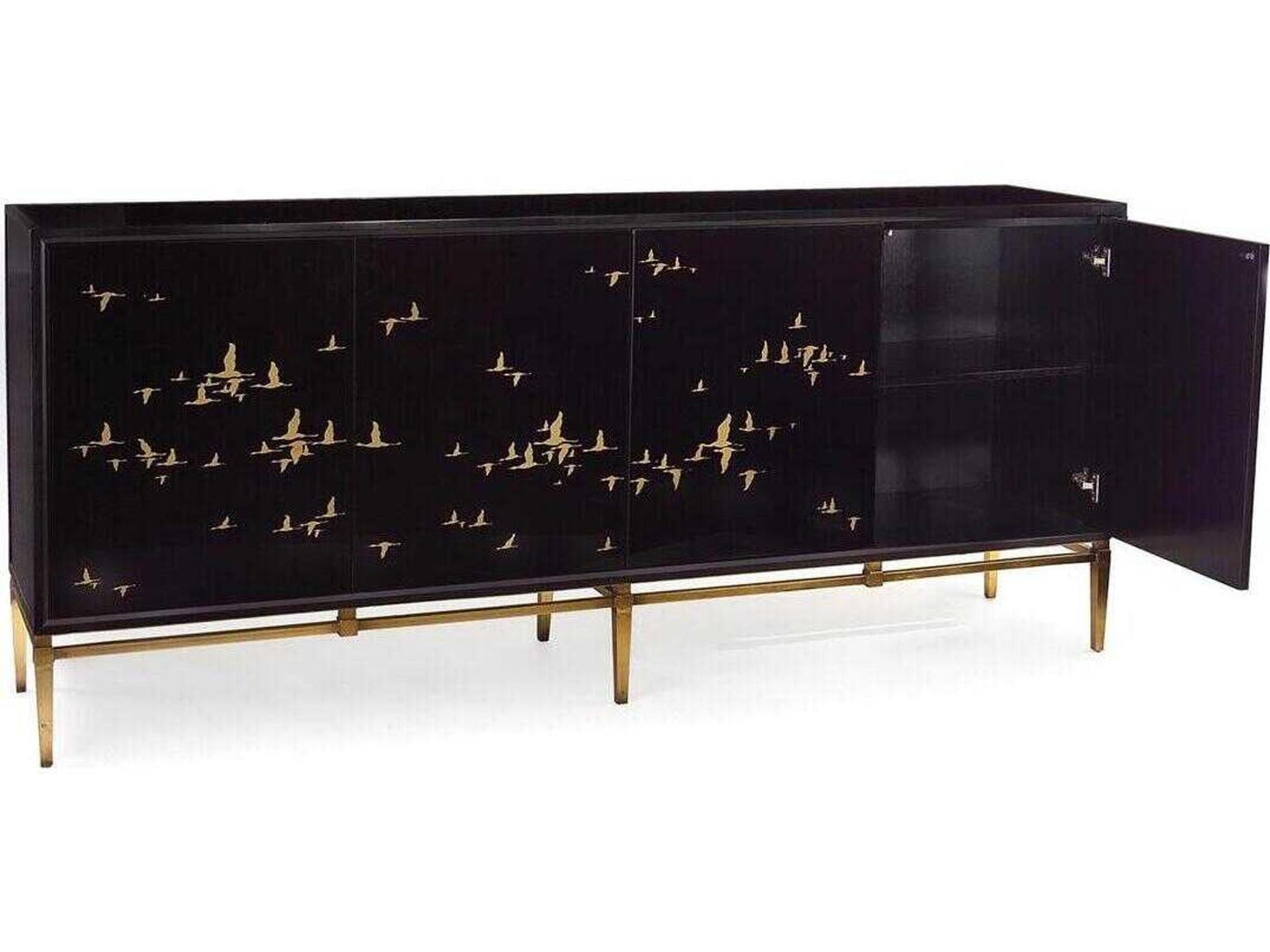 Migration Four-Door Credenza Black Glass with Old Gold Frame