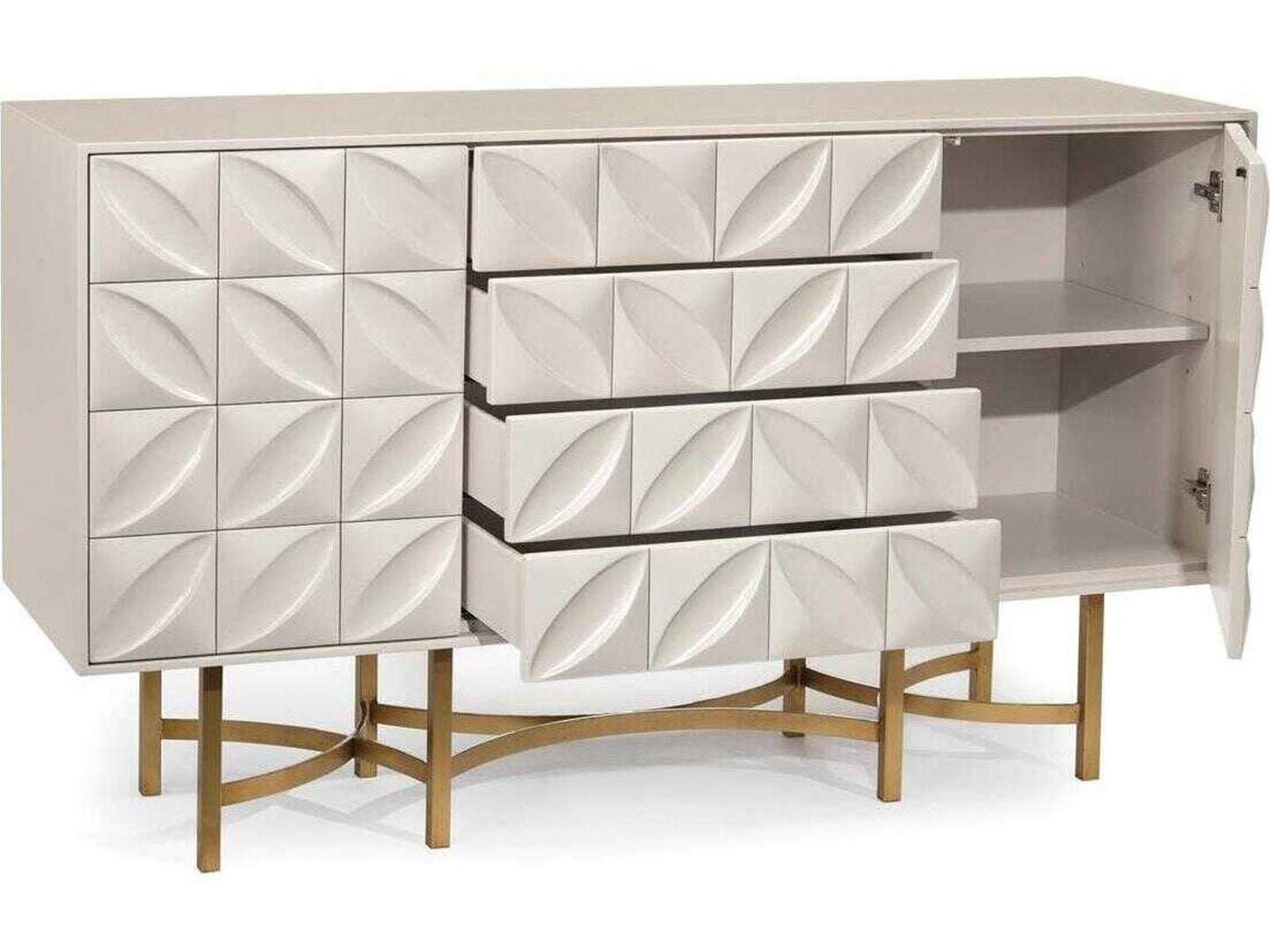 Ghost White Credenza with Hand-Carved Petal Detail