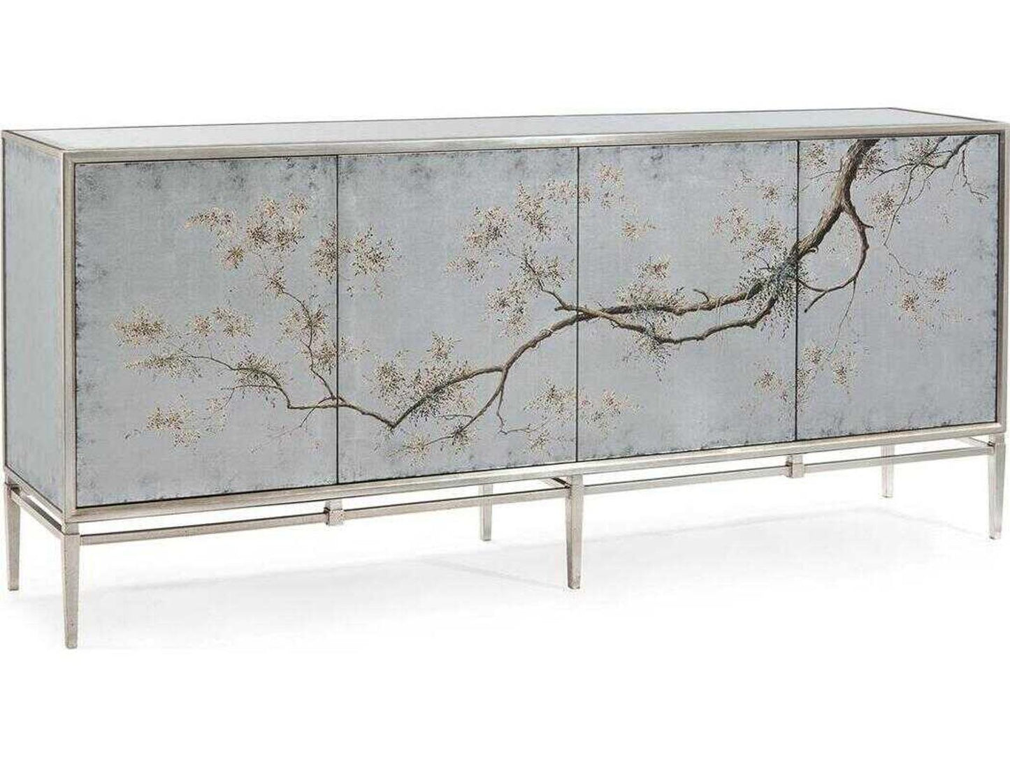 Falling Branch 4-Door ?glomisé Credenza with Hand-Painted Branches