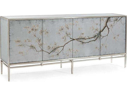 Falling Branch 4-Door ?glomisé Credenza with Hand-Painted Branches
