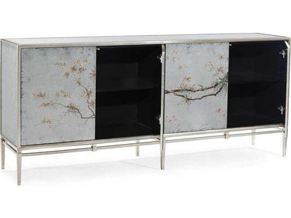 Falling Branch 4-Door ?glomisé Credenza with Hand-Painted Branches