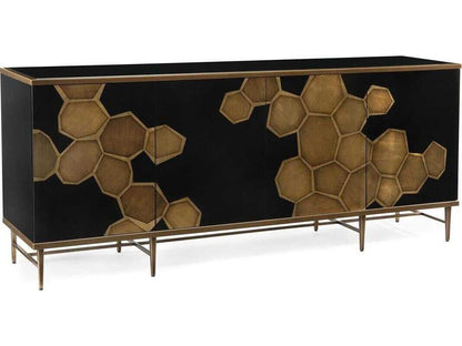 Honeycomb Black Glass Credenza with Gold Framing