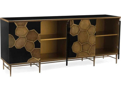 Honeycomb Black Glass Credenza with Gold Framing