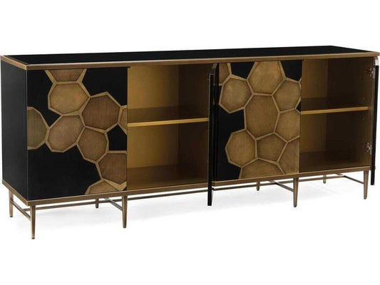 Honeycomb Black Glass Credenza with Gold Framing