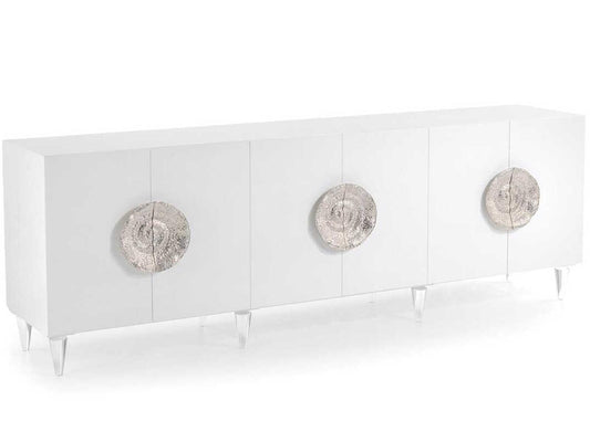 Triesse 6-Door Credenza Ice White with Turned Acrylic Legs and Silvered Handles