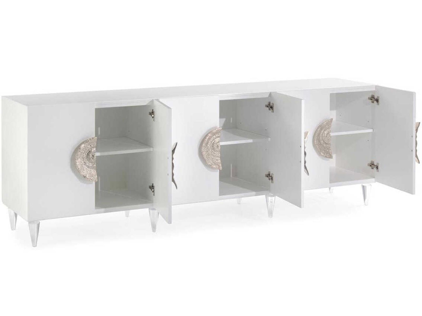 Triesse 6-Door Credenza Ice White with Turned Acrylic Legs and Silvered Handles