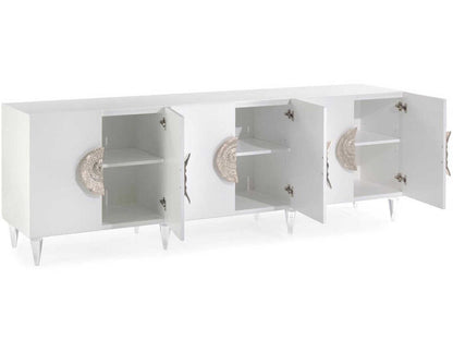 Triesse 6-Door Credenza Ice White with Turned Acrylic Legs and Silvered Handles