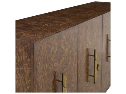 Torino 95 Inch 4-Door Walnut Wood Sideboard in Brown with Gold Accents