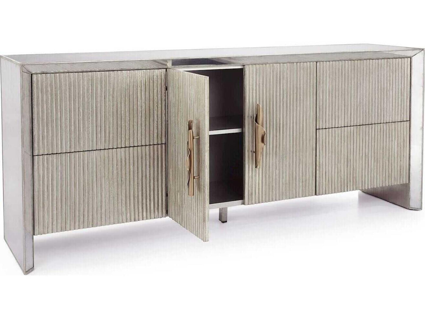 Moon Shadow Oak Wood Sideboard with Mirrored Glass and Fluted Drawers