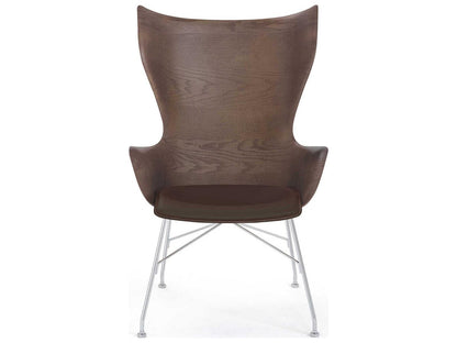 K Wood Accent Chair 3D Curved Dark Slatted Ash Wood and Leather with Chrome Frame