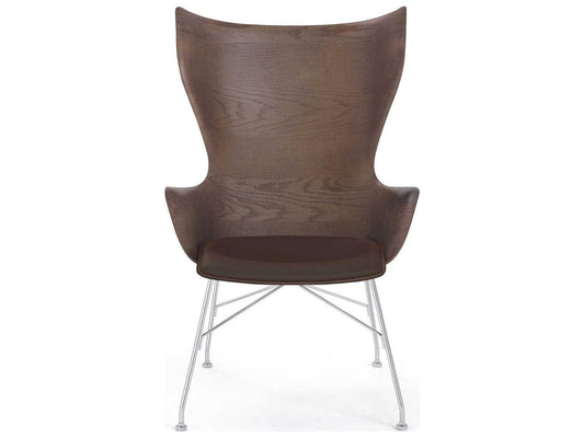 K Wood Accent Chair 3D Curved Dark Slatted Ash Wood and Leather with Chrome Frame