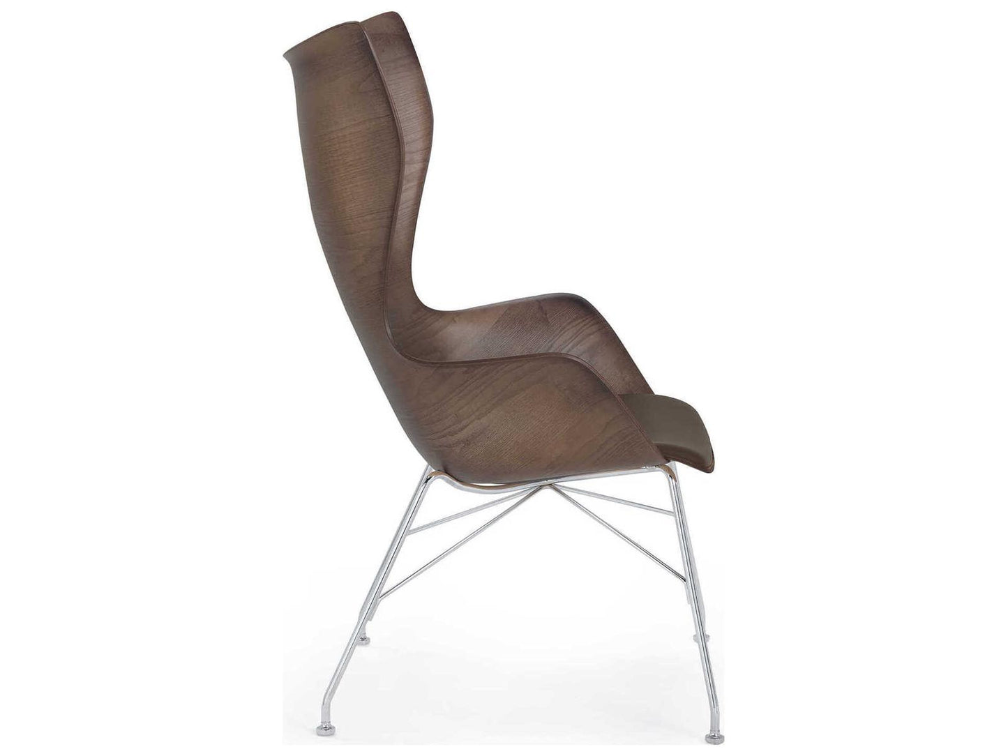 K Wood Accent Chair 3D Curved Dark Slatted Ash Wood and Leather with Chrome Frame