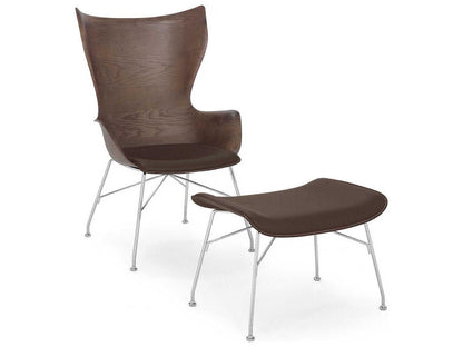 K Wood Accent Chair 3D Curved Dark Slatted Ash Wood and Leather with Chrome Frame