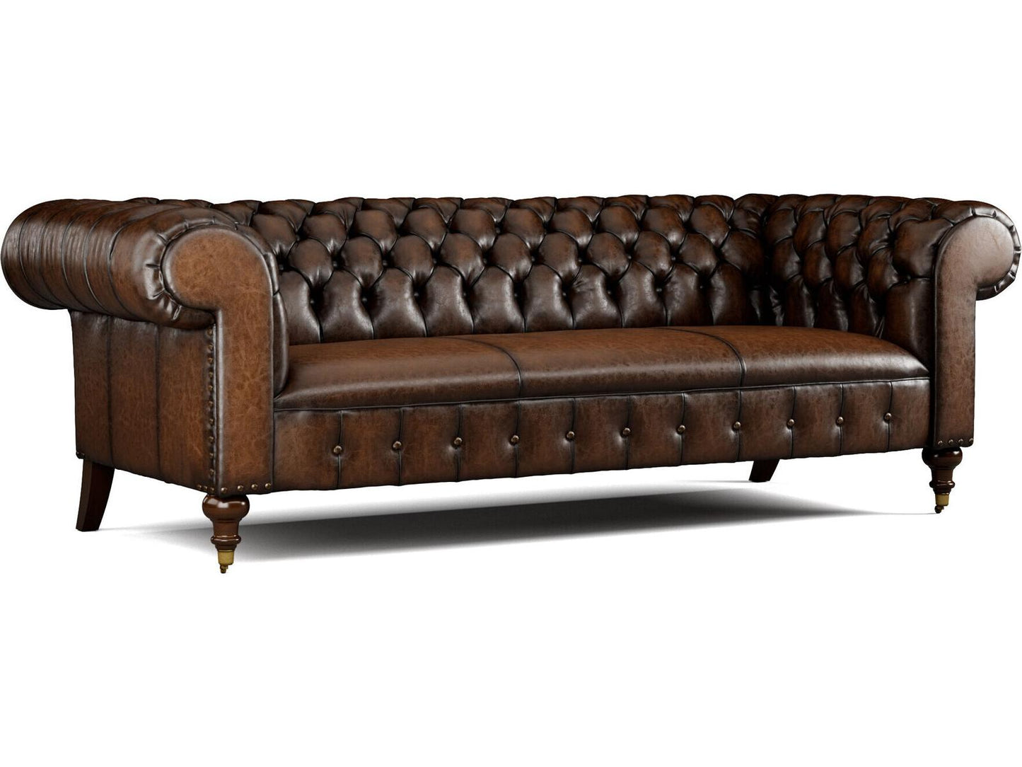 Daniel Leather Sofa with Tufted Back and Brass Casters